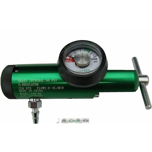 Oxygen Tank Regulator Model Mini TRM8-8B 0-8 LPM. CGA870 w/Barb Outlet